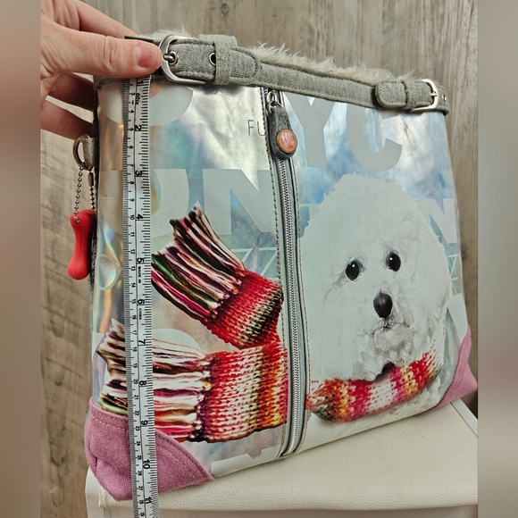 Fuzzy Nation Shoulder Bag Womens Dog Print Faux Fur Lined Double Handle Purse - Picture 12 of 14